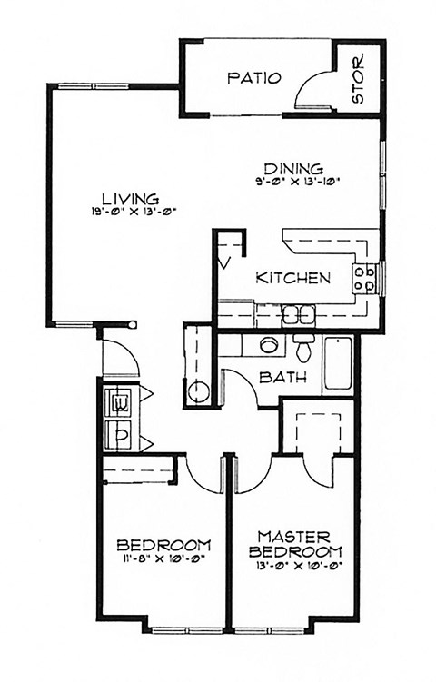 Floor plan for 2 beds, 1 bath, 1047 sqft